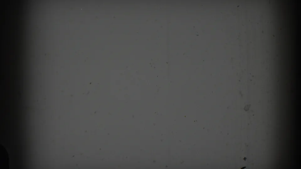 8mm contact-sheet frame with gray exposure, dark gate or frame bands, and visible dust before the boat footage resumes.