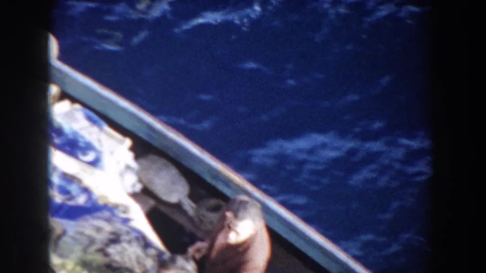 1959 Gibraltar frame showing two adults partly visible in a small boat, with supplies and choppy blue water filling the view.