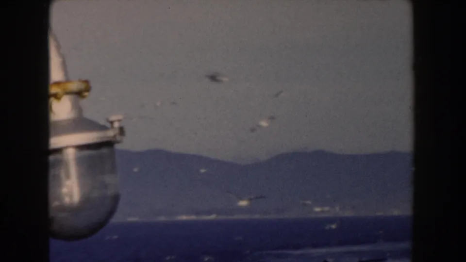 Gibraltar boat-view frame with a partial lamp fixture, birds in flight, blue sea, and hazy hills.