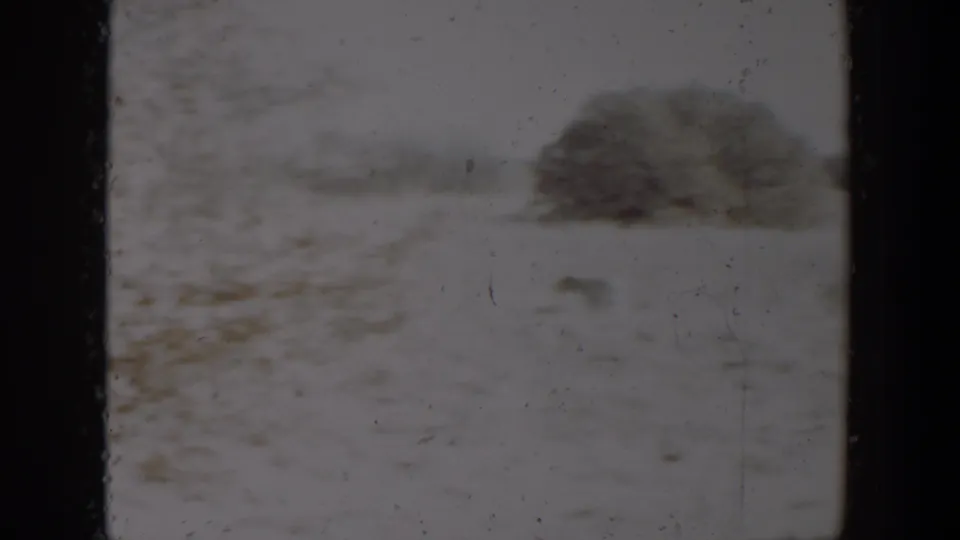 1957 Lubbock-area 8mm frame showing a blurred shrub or brush pile across a snow-covered rural field.