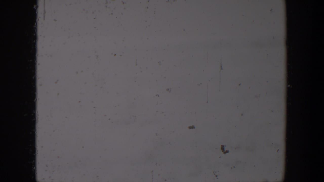 Blank pale 8mm frame area with dark borders, dust specks, and faint scratches.