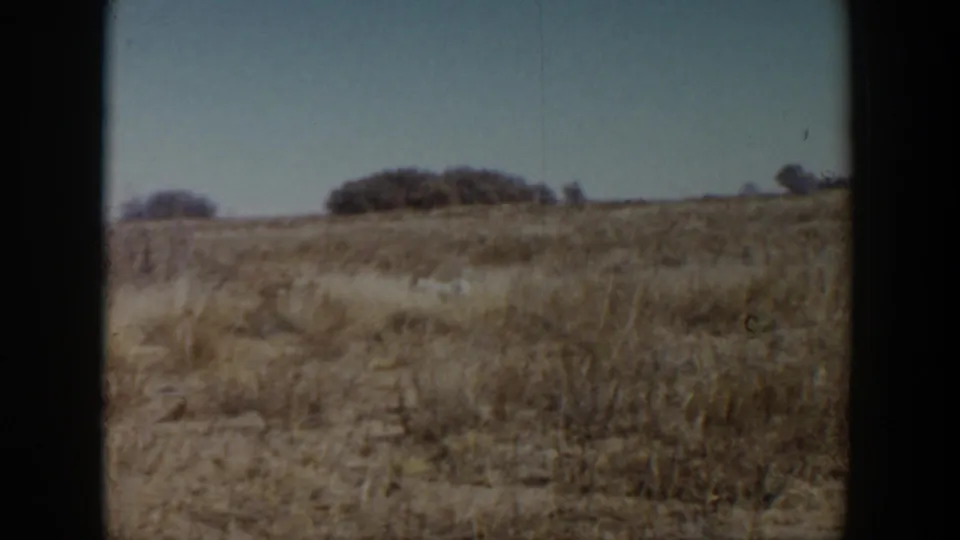 1957 Lubbock, Texas frame showing open dry grassland, low brush, and a clear blue sky with visible 8mm film texture.