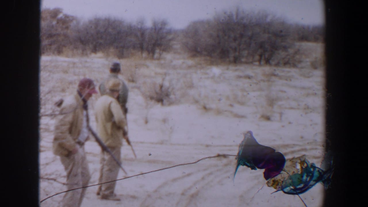 1956 Lubbock, Texas 8mm frame showing adult men with rifles walking through sparse sandy terrain and bare brush.