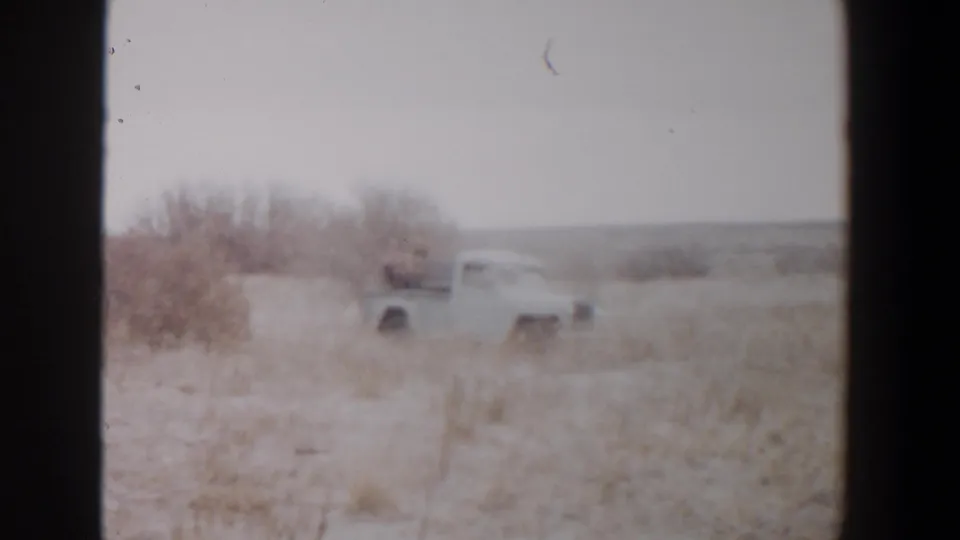 White pickup with open-bed riders appears near roadside brush in the Lubbock, Texas countryside, filmed on 8mm in 1956.