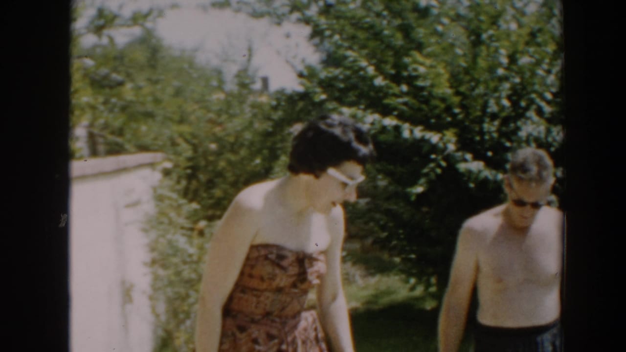 Woman in a patterned strapless dress and man in swim trunks stand in a sunny backyard.