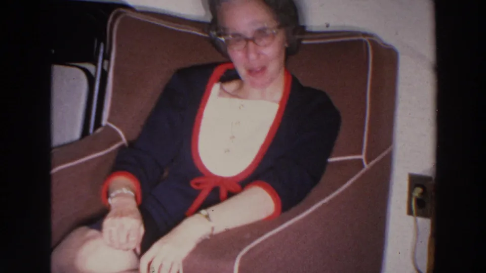 A slightly blurred 8mm frame shows the seated woman gesturing in her brown upholstered chair during the Madison, Wisconsin clip.