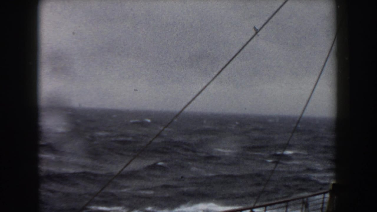 Choppy ocean horizon with diagonal rigging lines and ship rail at right.