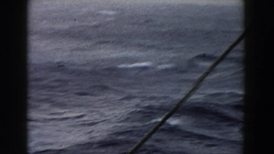 Rough offshore water with scattered whitecaps is seen through dark shipboard framing, with a diagonal rigging or cable line crossing the lower right of the frame.