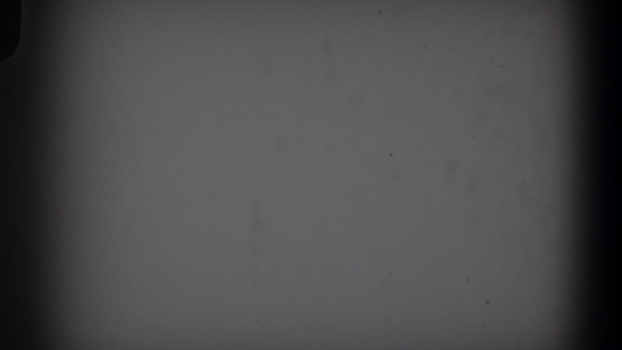 1958 Lubbock 8mm frame showing a blank pale gray field with dark film edges, dust specks, and uneven exposure.