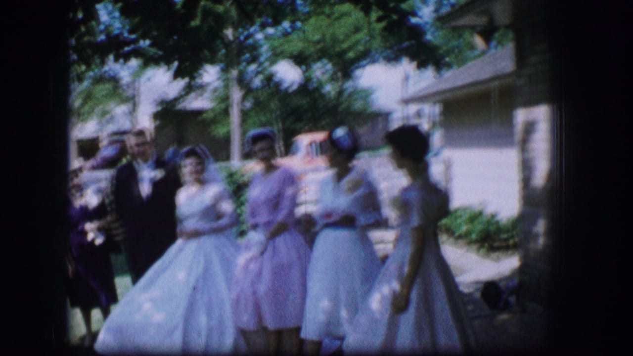 Wedding group standing outdoors on a lawn with bride, women in pastel dresses, and a man in a dark suit.