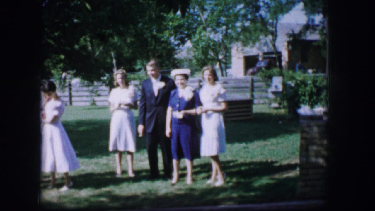 Wedding party standing on a lawn under trees with a bride at the left edge.