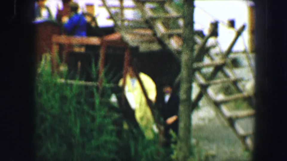 Women move along a garden path beside dense planting and a wooden play structure in Austrian home-movie footage from 1963.