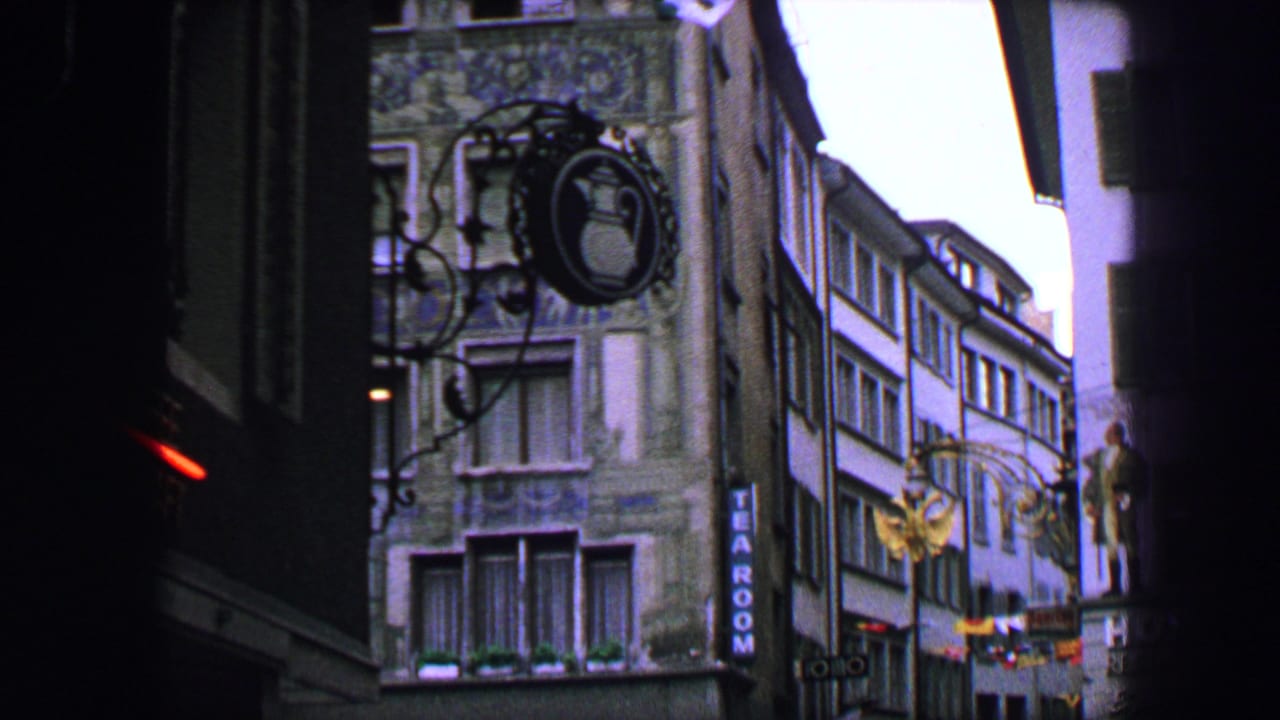 Old-town buildings with hanging business signs and flags line a narrow street.