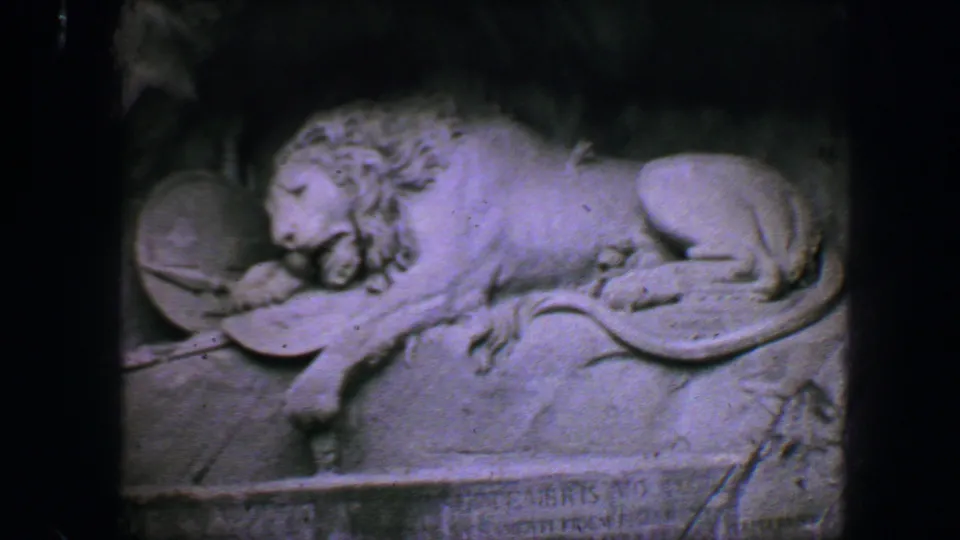Soft 8mm frame of Lucerne's carved Lion Monument, centered on the reclining lion and stone inscription below.