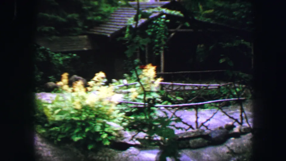 1963 Lucerne home-movie frame showing garden planting, a path, railing, and small shelter near the monument area.