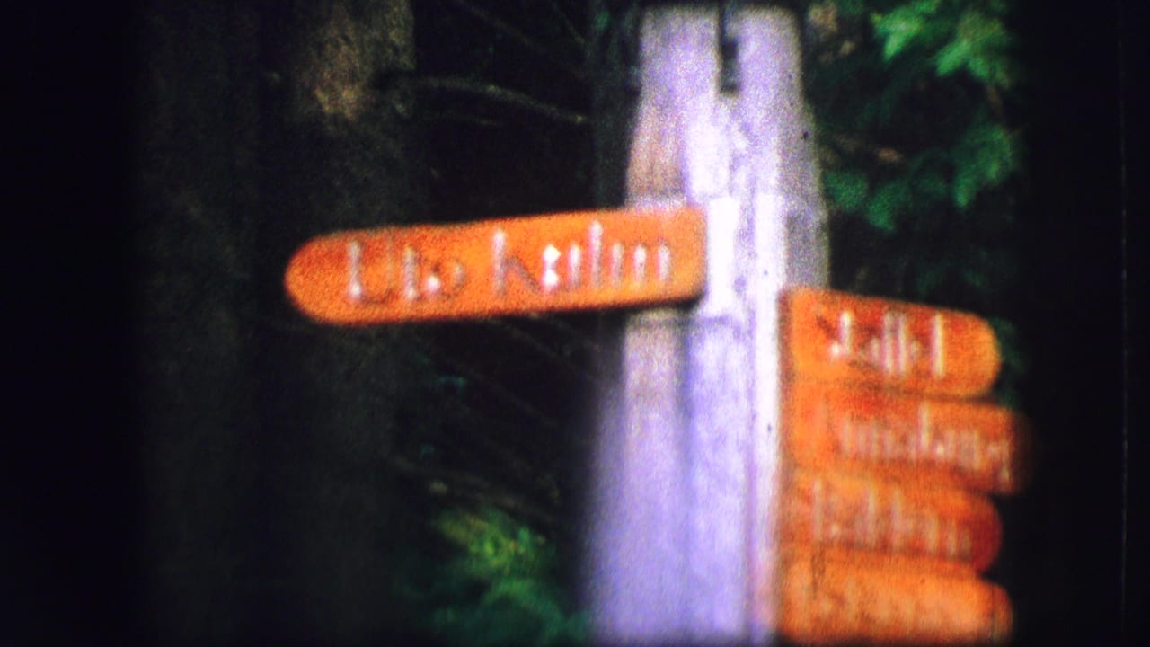 1963 Saint Moritz home-movie frame showing a soft-focus orange wooden signpost in a forest setting.