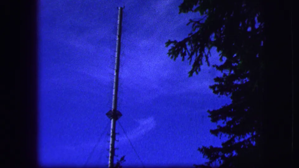 Tall mast or pole rises into a vivid blue sky near conifer branches in the Saint Moritz travel footage.