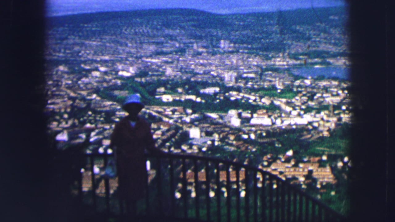 Silhouetted figure at an overlook with town buildings and hills beyond.