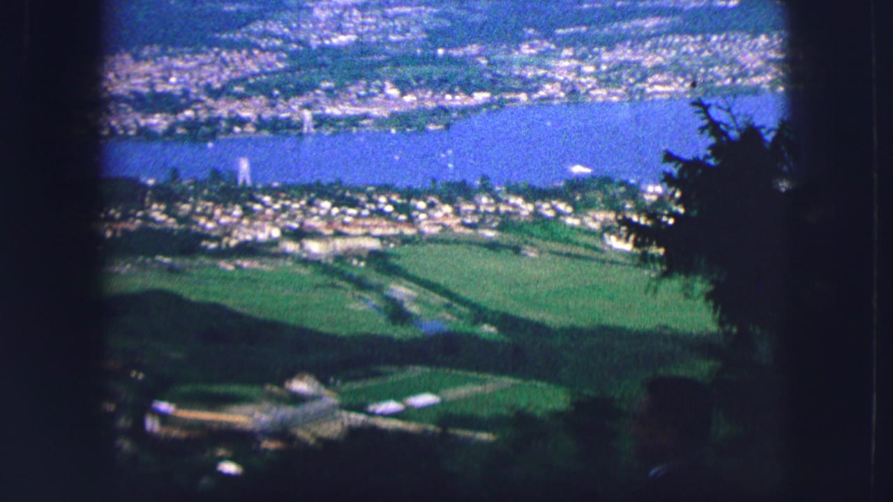 Elevated view over a blue lake, town, fields, and dark hillside foliage.
