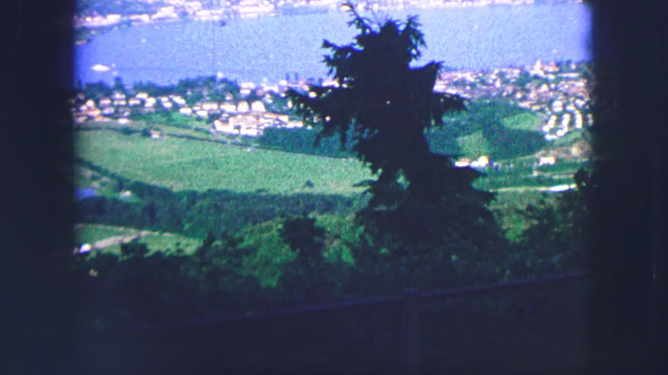 Saint Moritz hillside view showing the blue lake, pale town buildings, green fields, and a dark foreground tree on 8mm film.