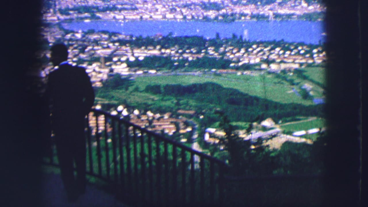 Man in silhouette faces a panoramic valley view from behind a railing.