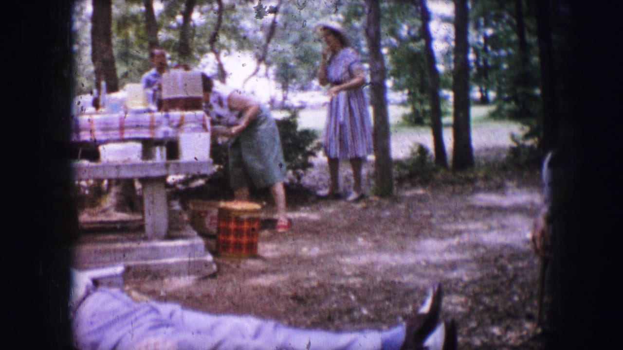 1964 Dallas home-movie frame showing adult women near a picnic table, with trees, food containers, and a red checked basket in view.