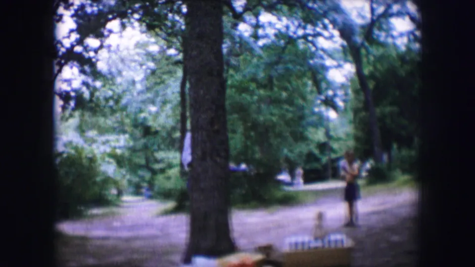 1964 Dallas home-movie frame showing a wooded park path, distant figures, trees, and nearby picnic seating.