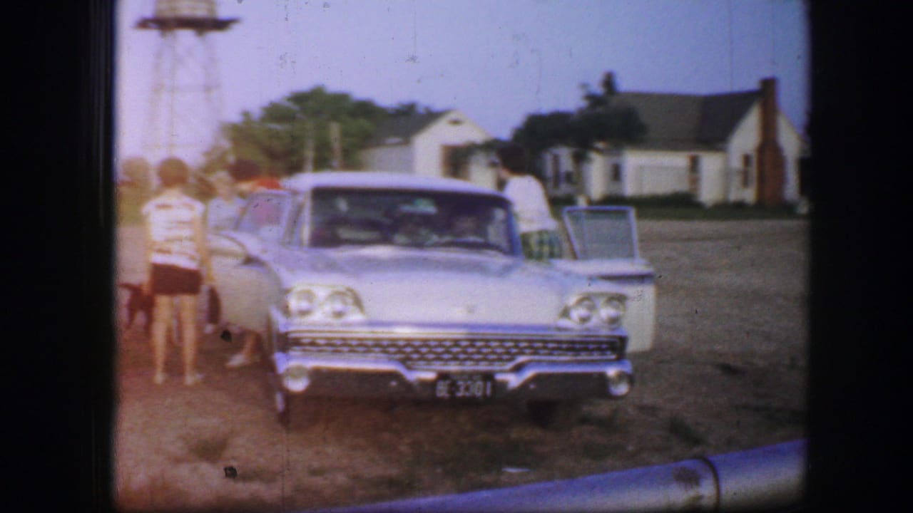 Two parked cars with people nearby, a dog at left, houses and a water tower in the background.