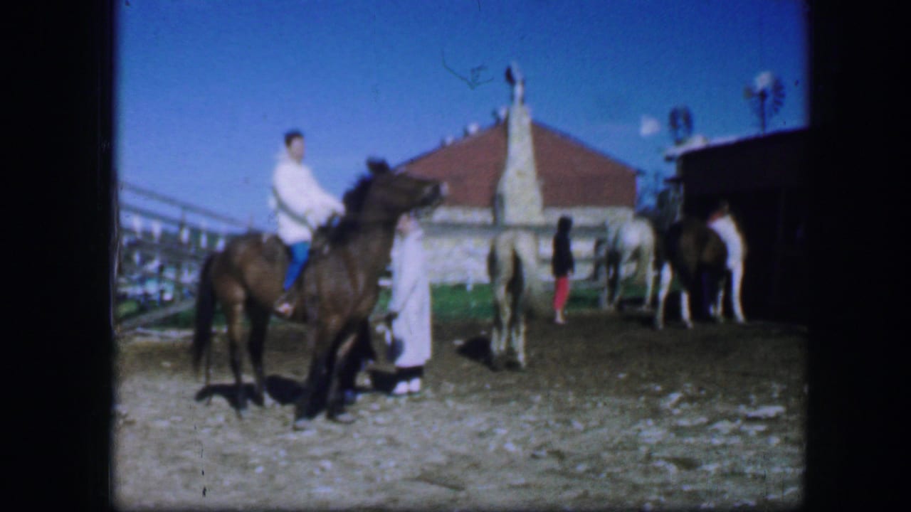 1964 Fort Worth home-movie frame with a rider on a dark horse while nearby people stand with and brush other horses.