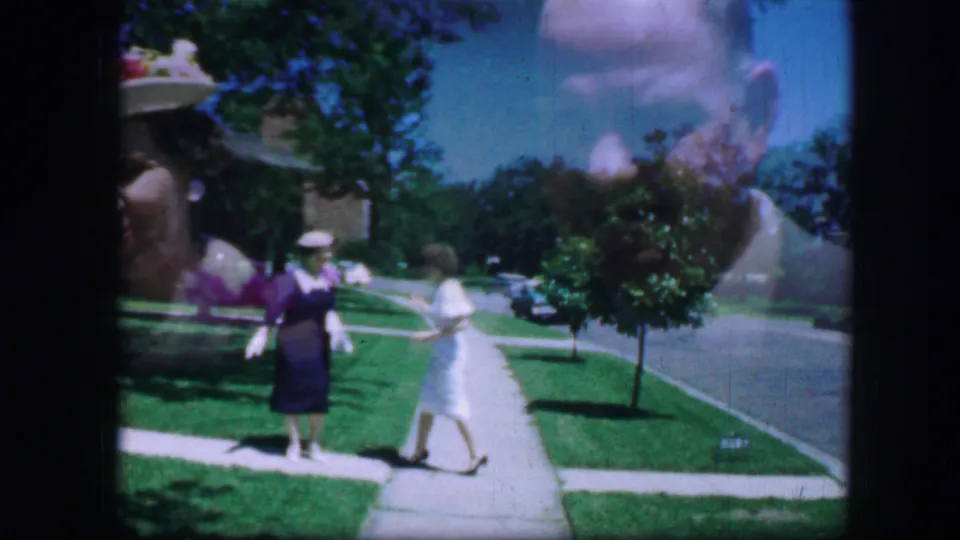 A woman in blue and another woman in light clothing pass on a Fort Worth sidewalk, with a visible in-camera or scan overlap across the frame.