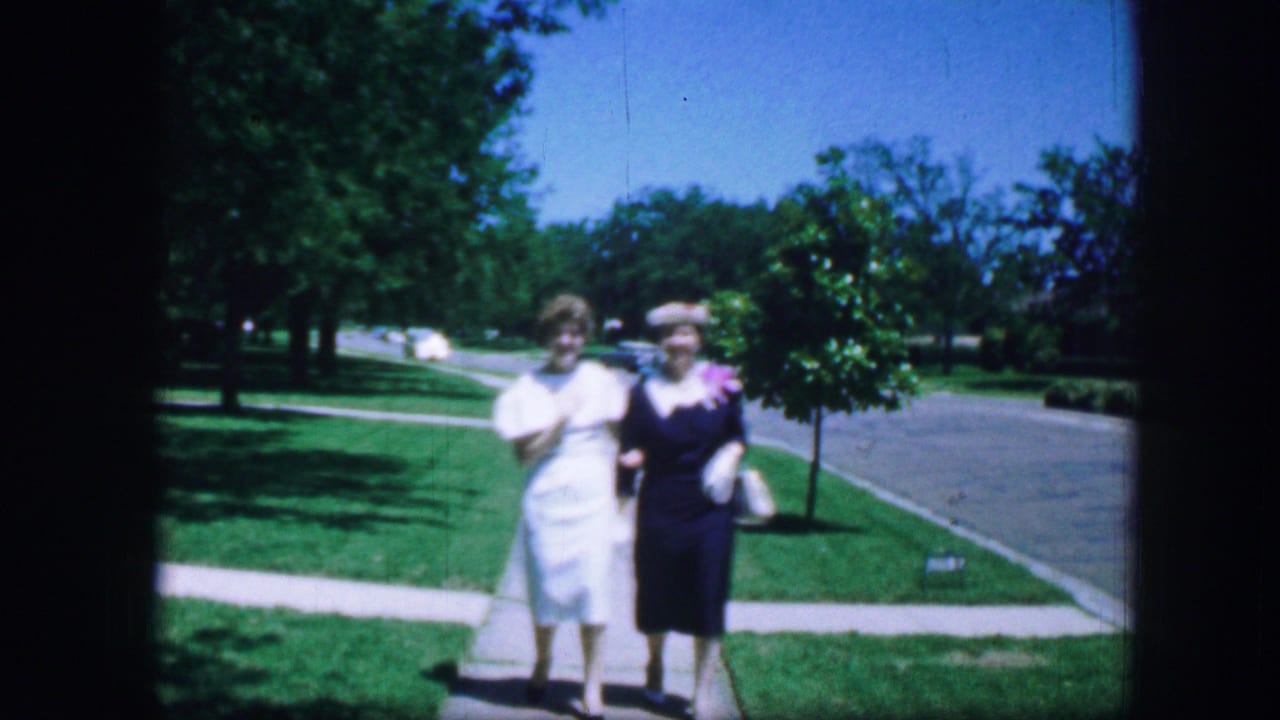 Two women walk together on a sunny park sidewalk near grass, trees, and a roadway.