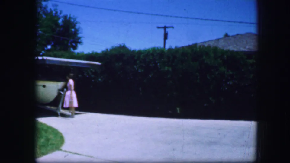 The woman reaches the side of the covered structure in the sunlit Fort Worth residential yard, partly framed by hedge and lawn.