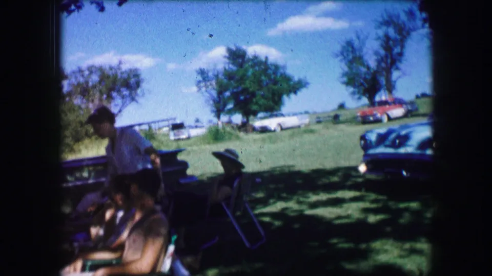 The woman leans near the shaded seated group, with the white classic car partly visible at right and distant cars across the grass.