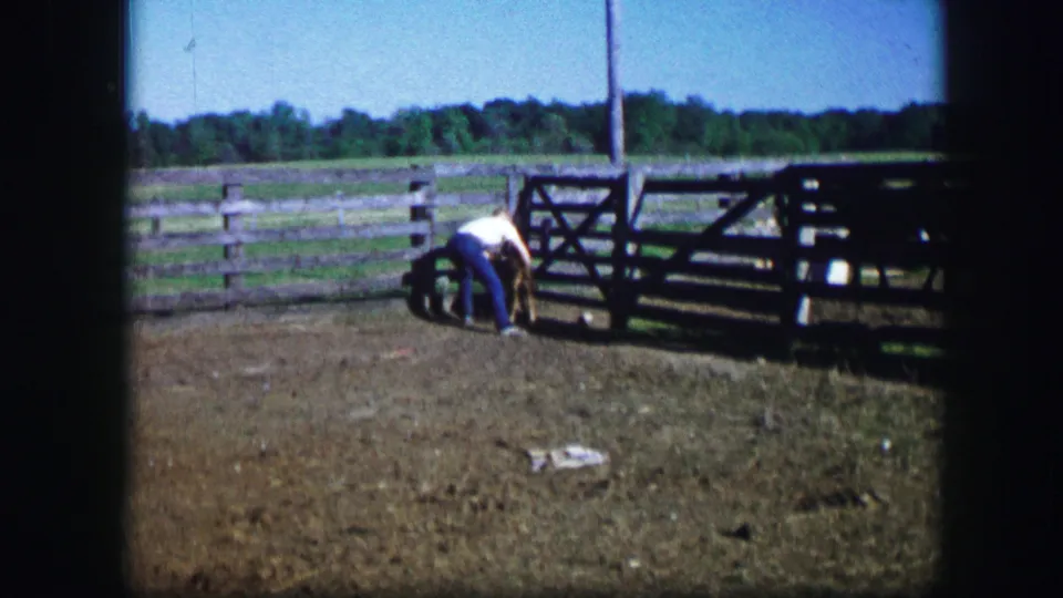 The man crouches beside the brown dog near a wooden corral gate, with pasture and trees in the background.