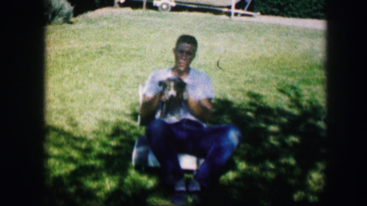 Young man seated in a lawn chair holding a small puppy on a sunny lawn.