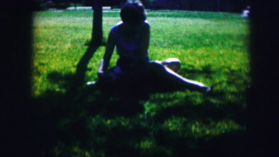 A woman reclines on shaded grass in Kirksville, Missouri, near small puppies in a brief 1967 backyard home movie moment.