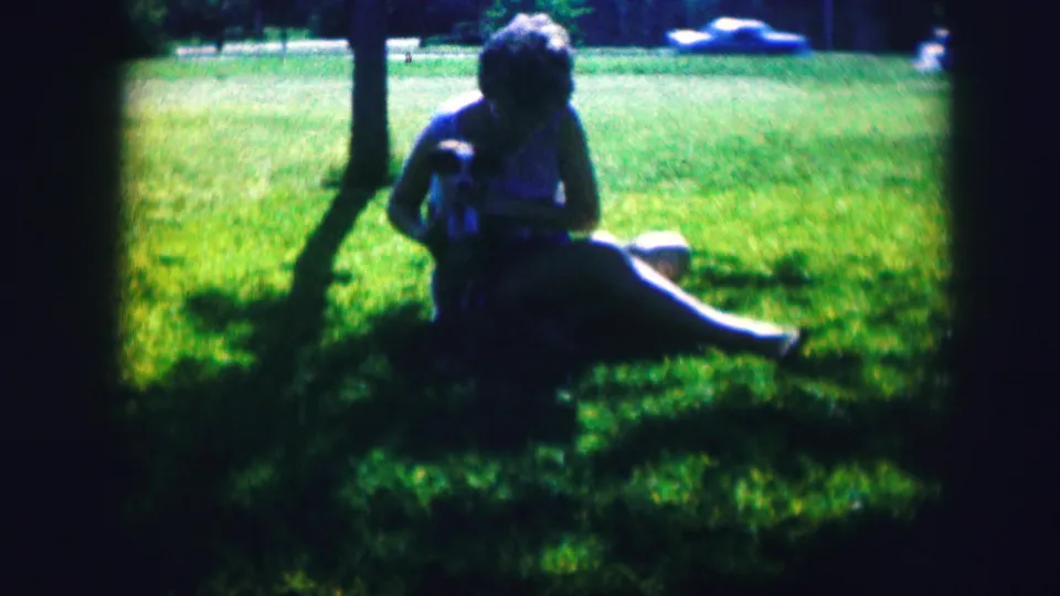 In the 1967 Kirksville home movie, a woman reclines on the grass and interacts with puppies in a shaded backyard.