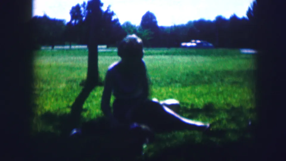 1967 Kirksville park footage shows the woman seated with a small dog in the foreground while a car passes in the distance.
