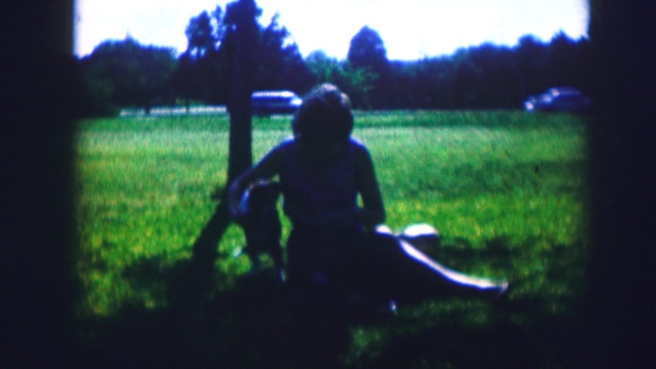 Woman in shade reaches toward a dog beside her in a grassy area.