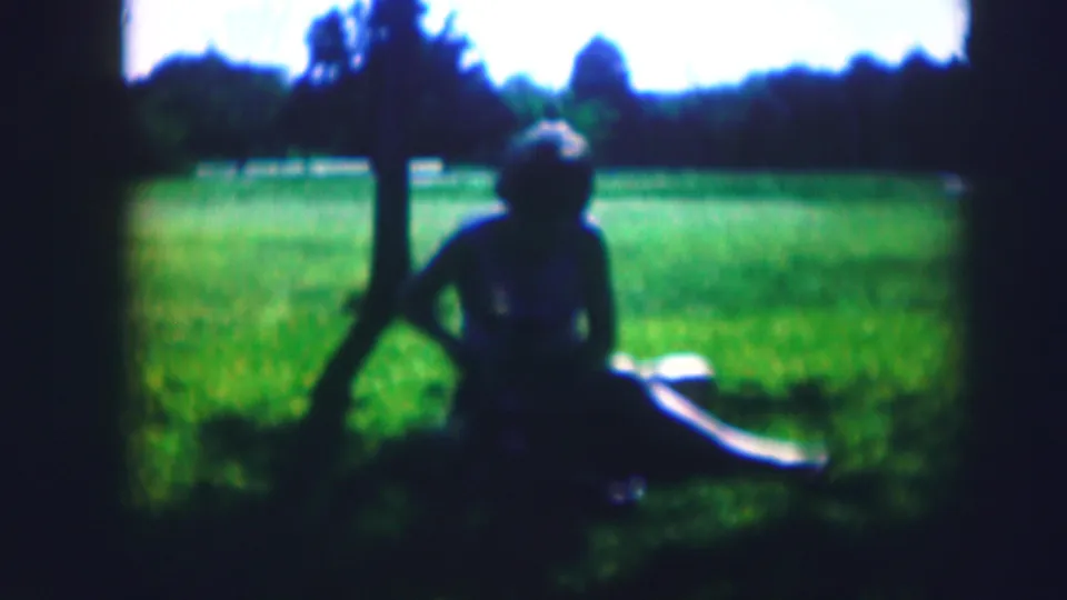 Soft-focus 1967 Kirksville, Missouri 8mm frame of a backlit woman seated beneath a tree with her dog close by.
