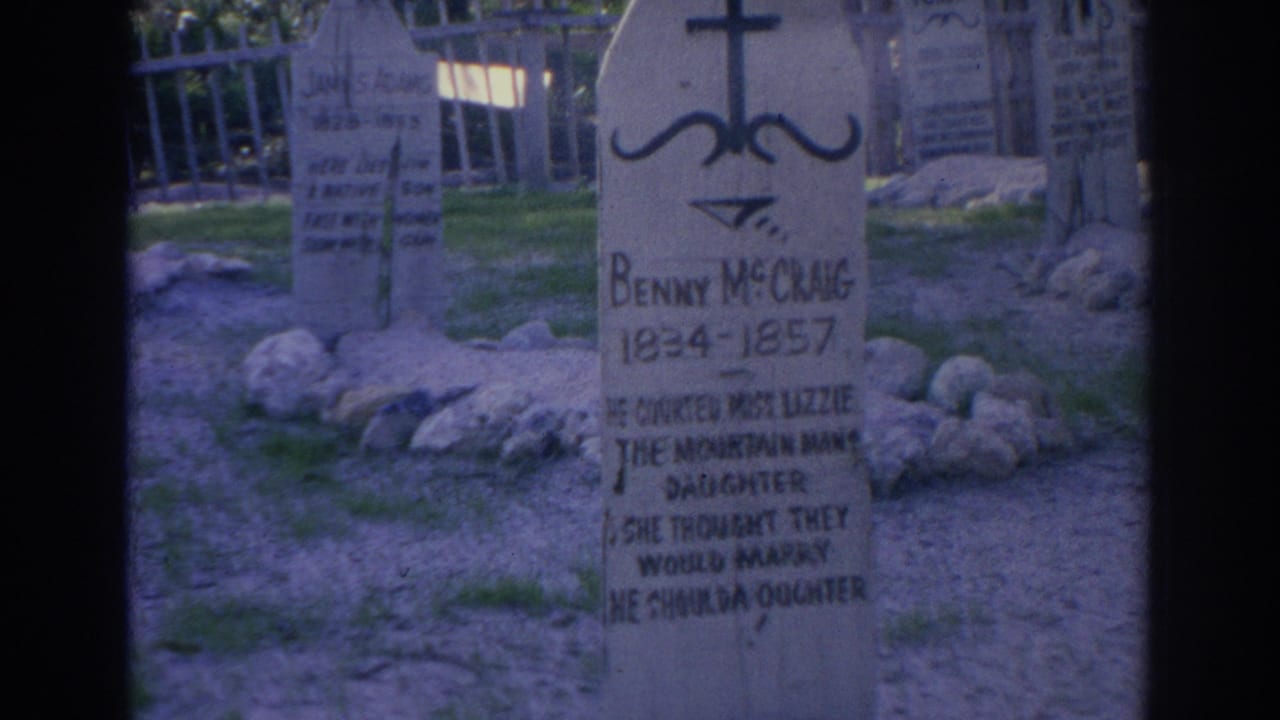 Centered 1969 Sarasota frame of the Benny McChang wooden marker, with painted epitaph lines, rocks at the base, grass, and background markers.