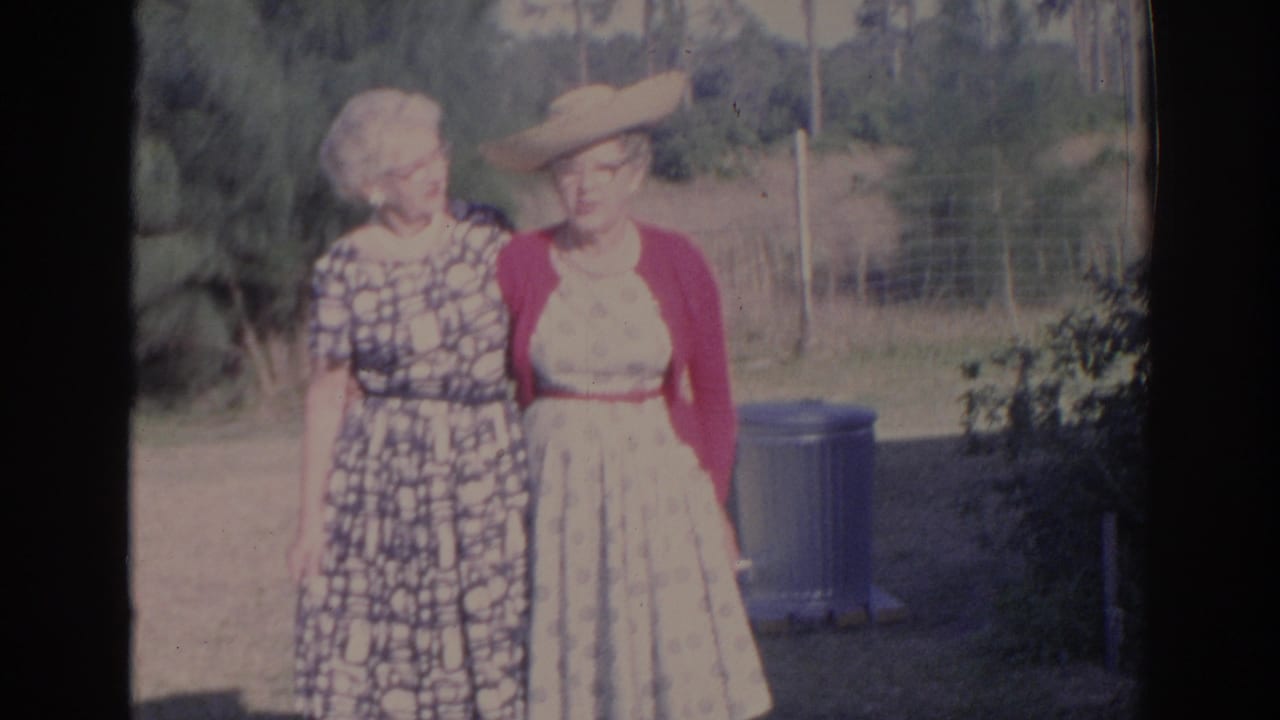 The women remain posed in the Sarasota yard, with faded 8mm color and soft focus showing their dresses, hat, and outdoor setting.