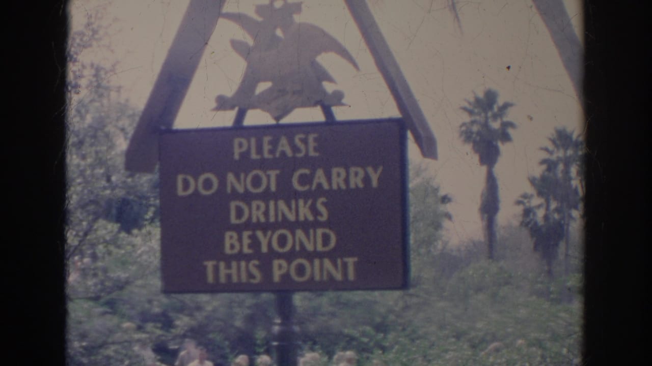 1969 Sarasota home-movie frame with the drink-warning sign centered against palms, shrubs, and a bright outdoor background.