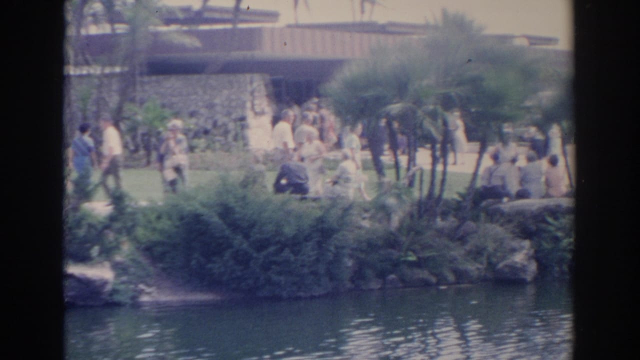 1969 Sarasota home-movie frame showing water in the foreground, shrubs and palms along the bank, and distant figures near a low structure.