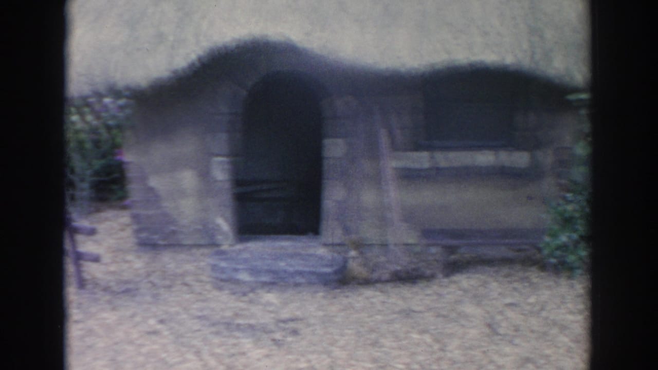 Miniature thatched cottage with dark doors and a small window in a garden setting.