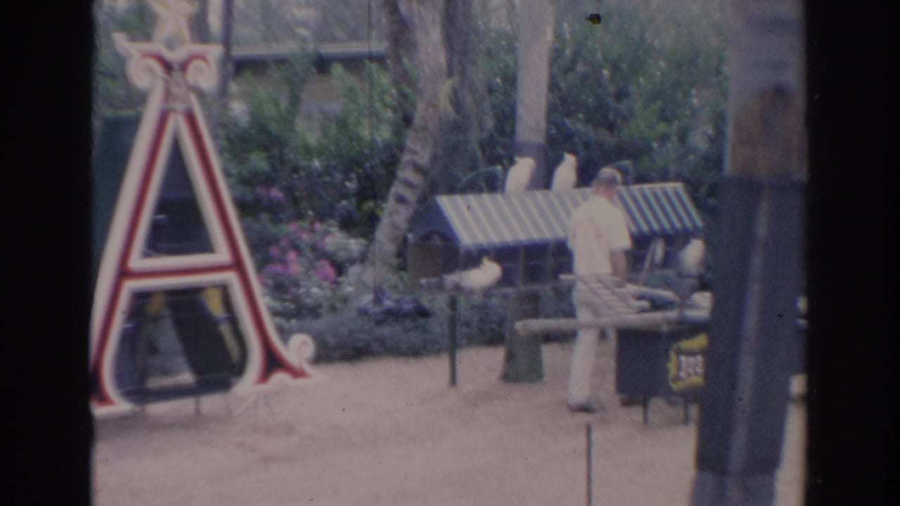 Garden scene with a large decorative letter A, benches, planting beds, and distant figures.