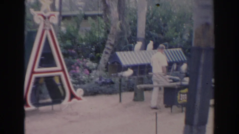 1969 Sarasota 8mm frame showing a landscaped garden area with benches, shrubs, a striped shade structure, and a large decorative letter A.