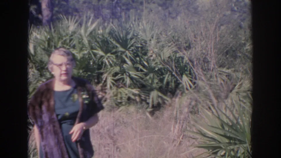 Older woman looks toward the camera near palms, grasses, and trees in Sarasota, Florida, in soft 1969 home-movie footage.