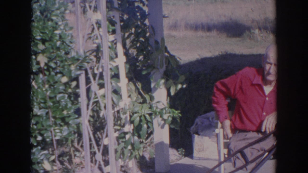 The final frame shifts to an older man in a red shirt seated near exterior plants and a bright yard, with the house area nearby.