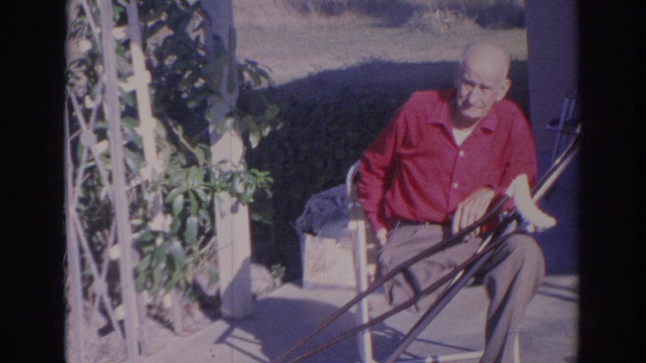 The Sarasota 1969 frame shows an older man seated in bright sun on a patio, with greenery and a lawn behind him.